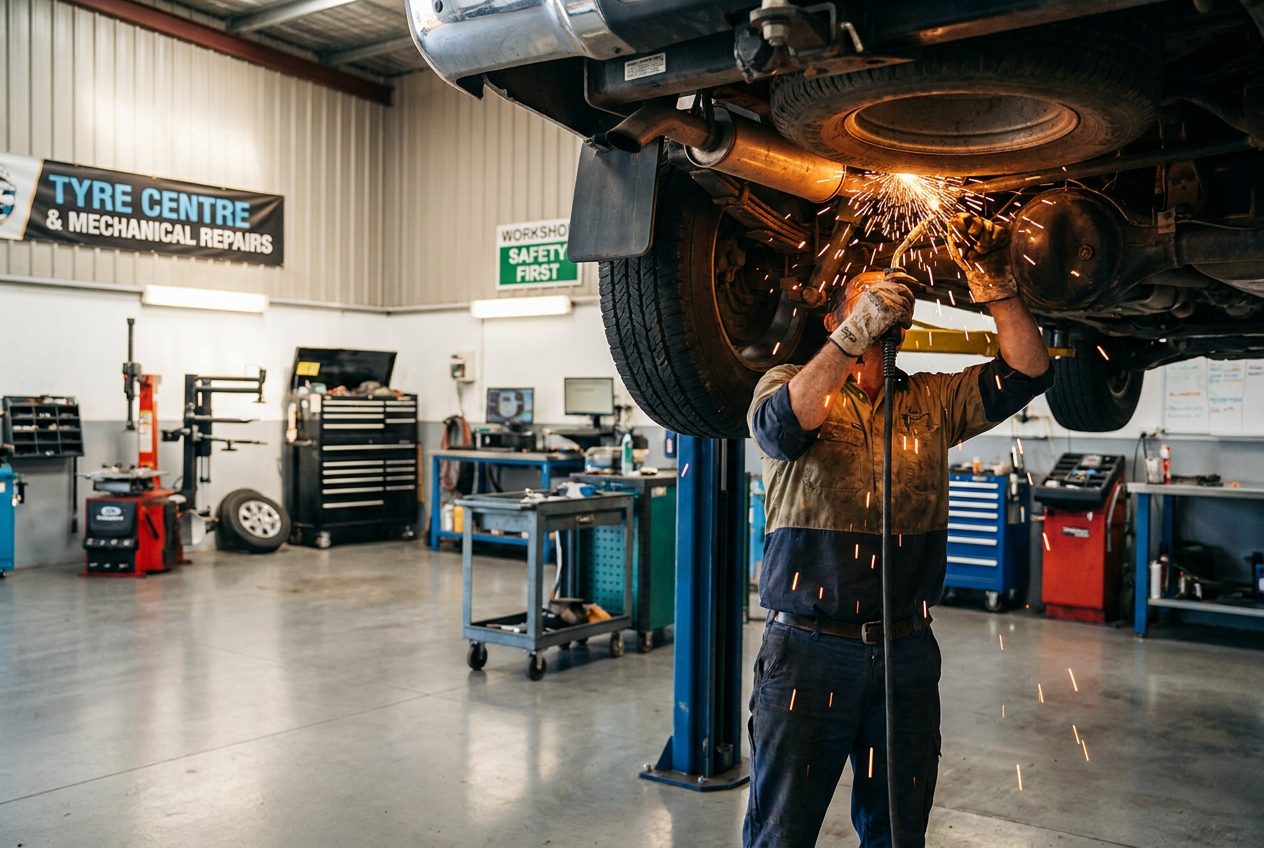 Mechanic welding an exhaust pipe under a vehicle at Tanilba Bay Automotive
