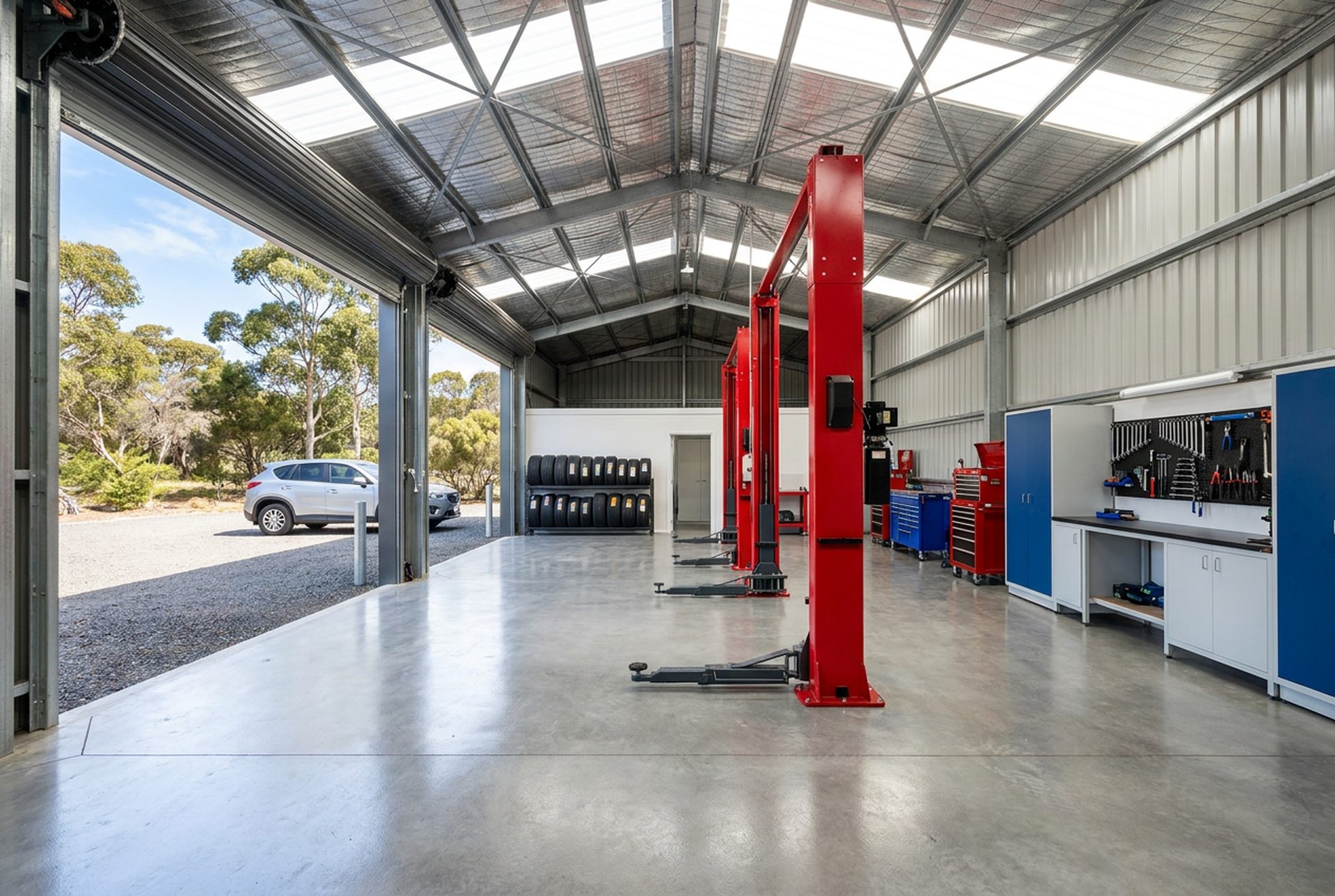 Vehicle hoists and workbench inside the Tanilba Bay Automotive car servicing workshop