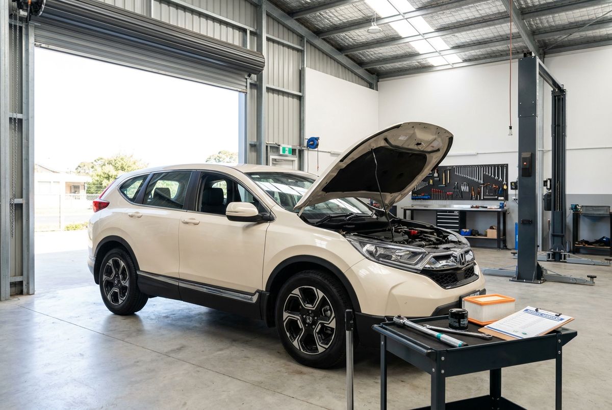 Honda CR-V with the bonnet up in the Tanilba Bay Automotive workshop ready for a car service