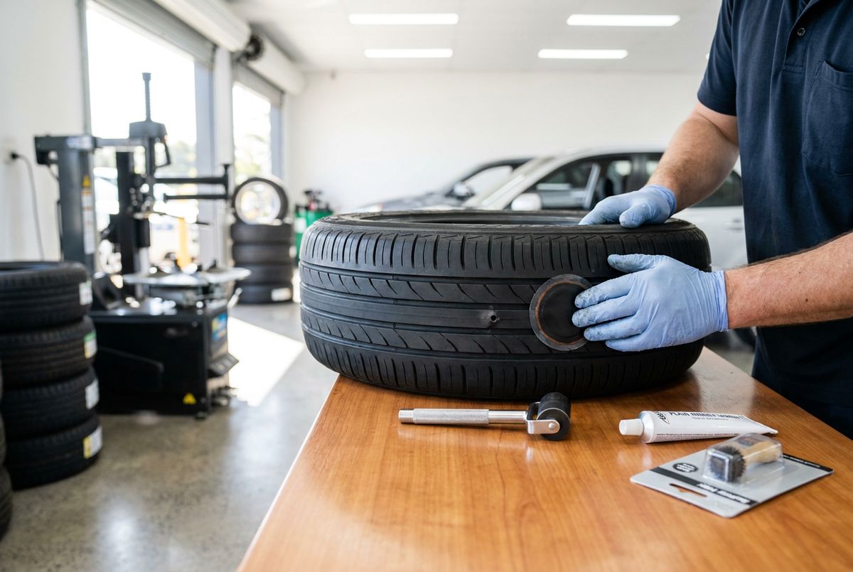 Tyre fitter preparing a new tyre for fitting at Tanilba Bay Automotive