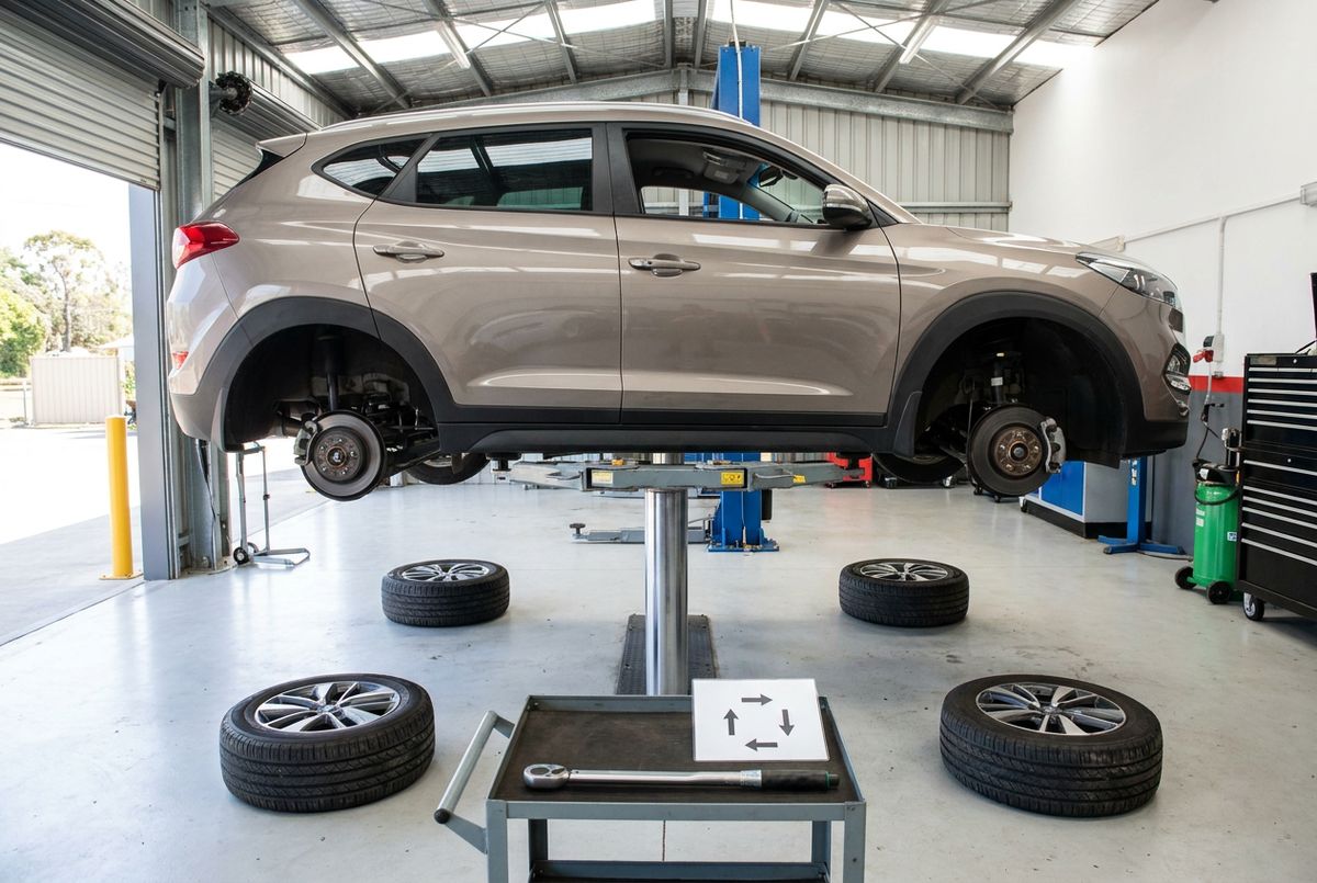 SUV raised on the hoist with all four tyres removed for replacement in Tanilba Bay