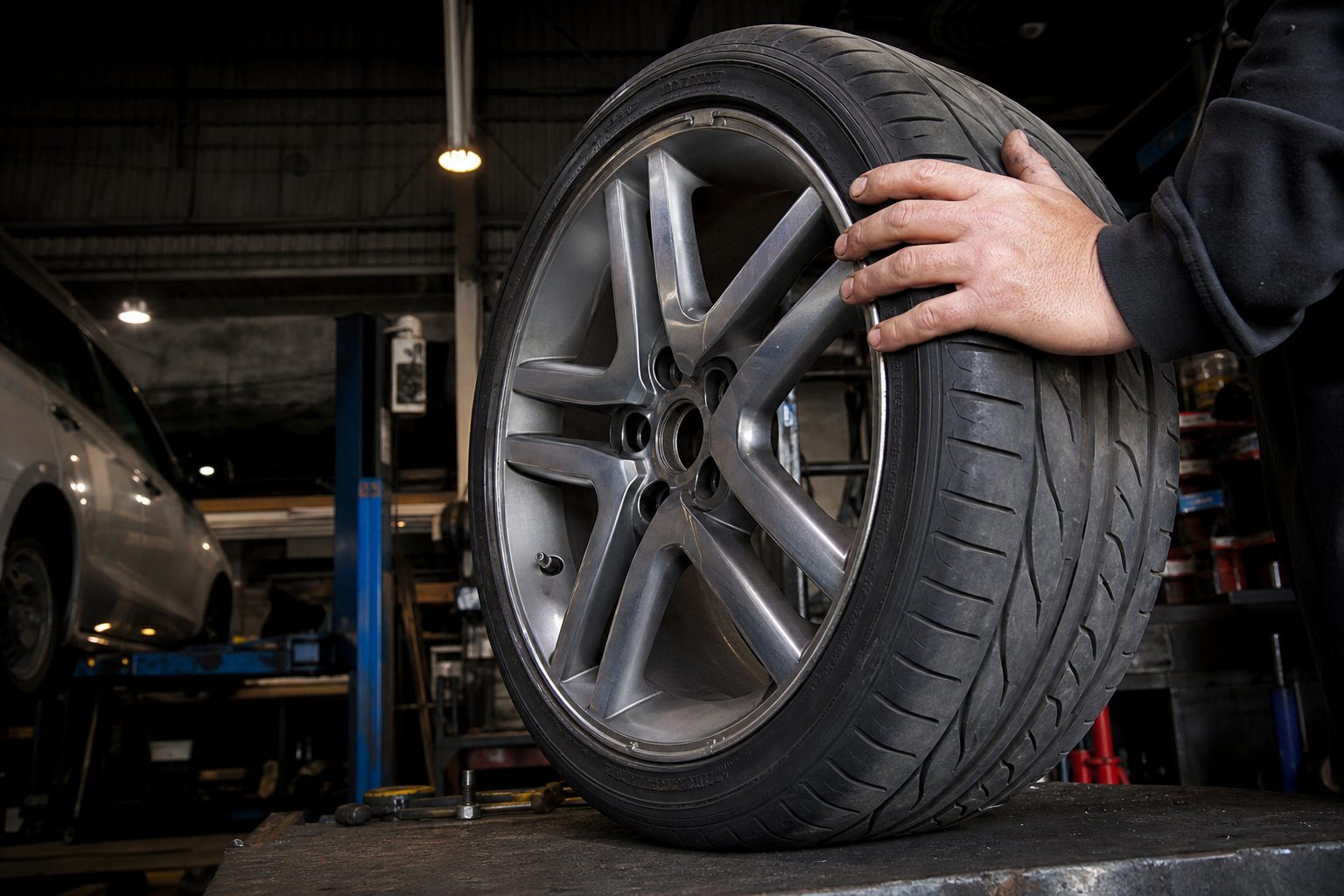 Mechanic holding a new tyre and alloy wheel at Tanilba Bay Automotive