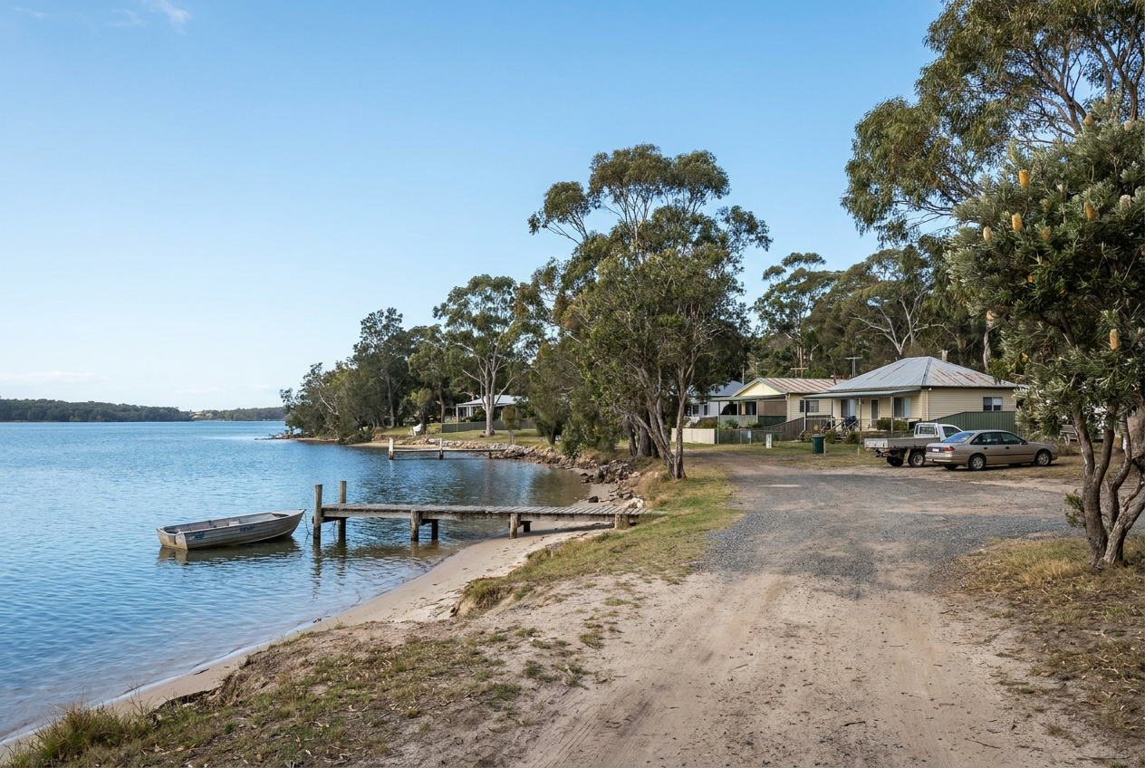 Tanilba Bay waterfront with jetty and boat, home of Tanilba Bay Automotive