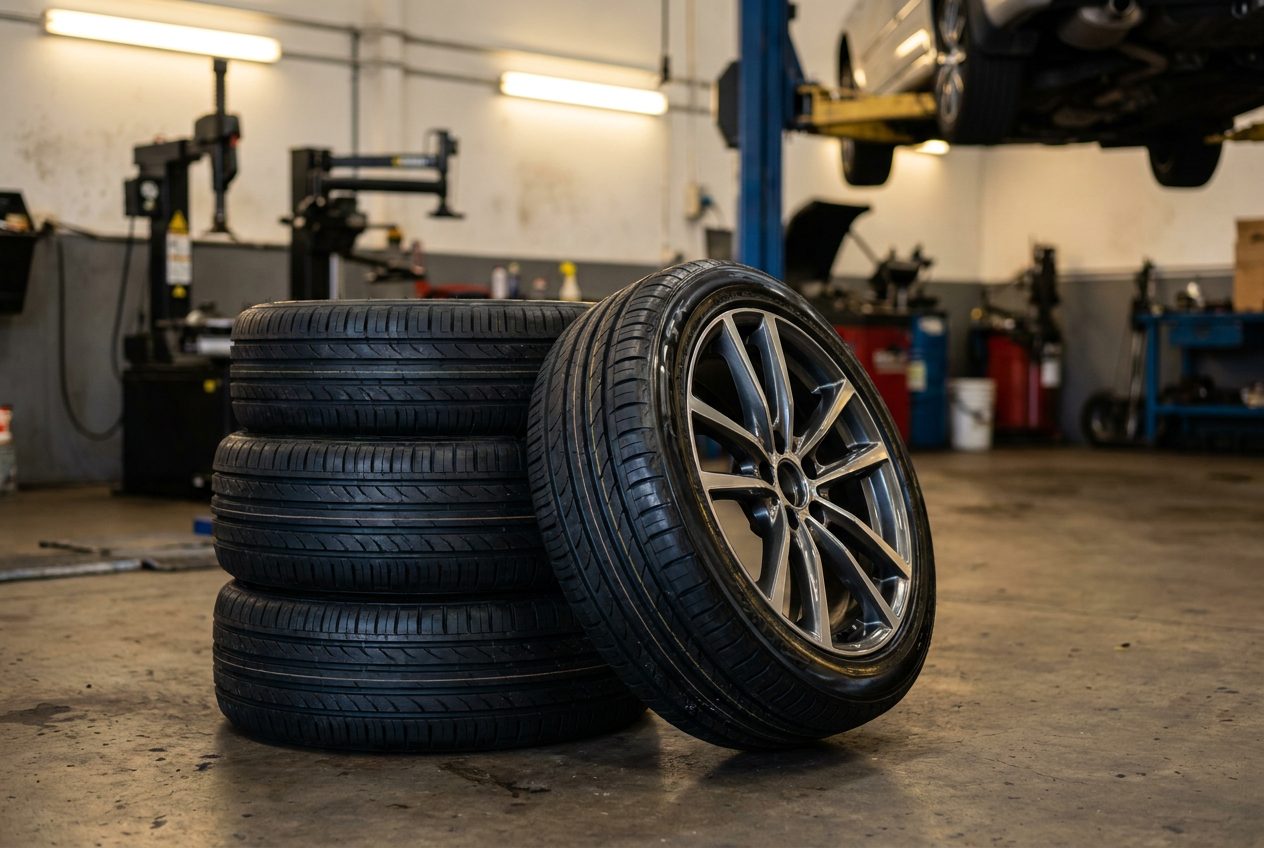 New tyres and alloy wheel ready for fitting in the Tanilba Bay Automotive workshop