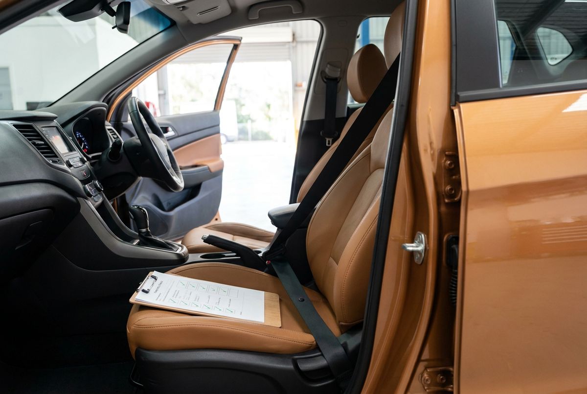 Vehicle interior with a completed safety check report on the seat after SAFE-T-STOP testing