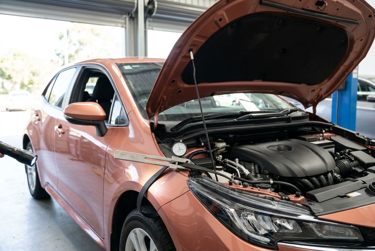 Mechanic checking under the bonnet of a hatchback during a general car service in Tanilba Bay