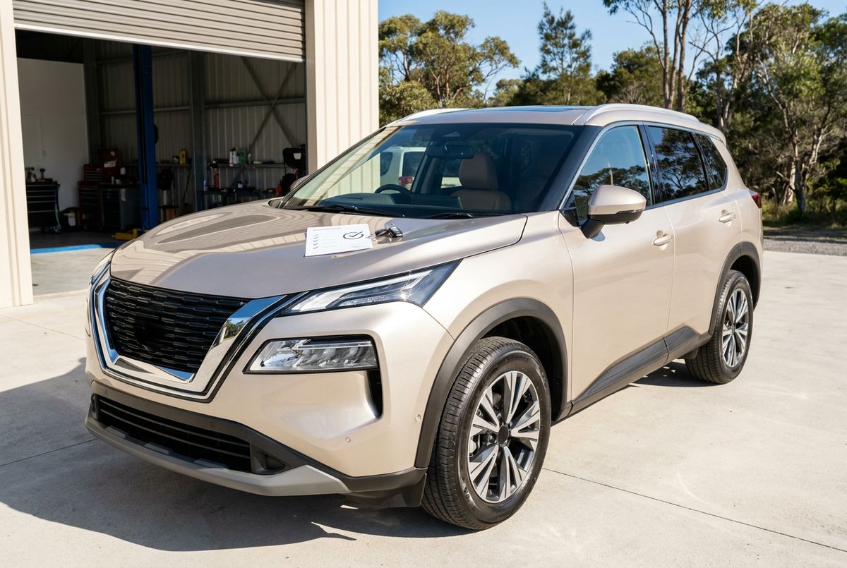 Nissan X-Trail with a completed inspection report on the bonnet outside the Tanilba Bay Automotive workshop