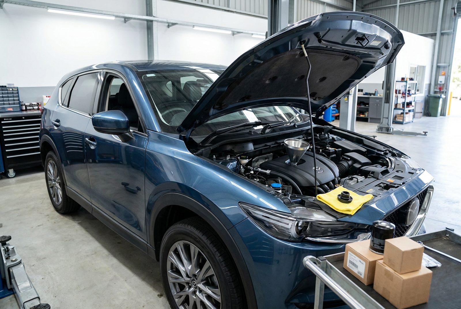 Blue SUV with the bonnet up during a logbook car service at Tanilba Bay Automotive
