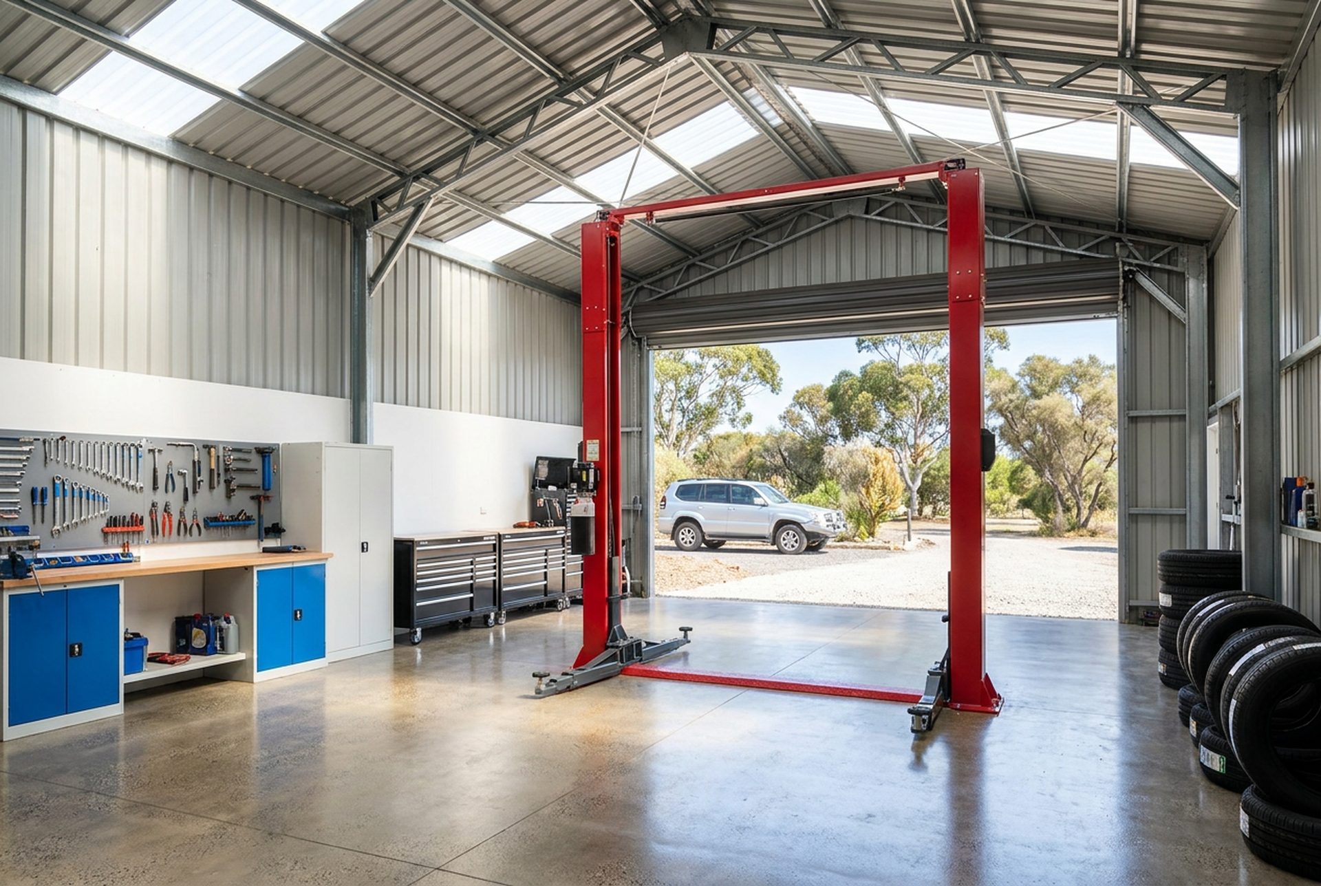 Tanilba Bay Automotive workshop with a vehicle hoist, tool wall and tyres ready for servicing