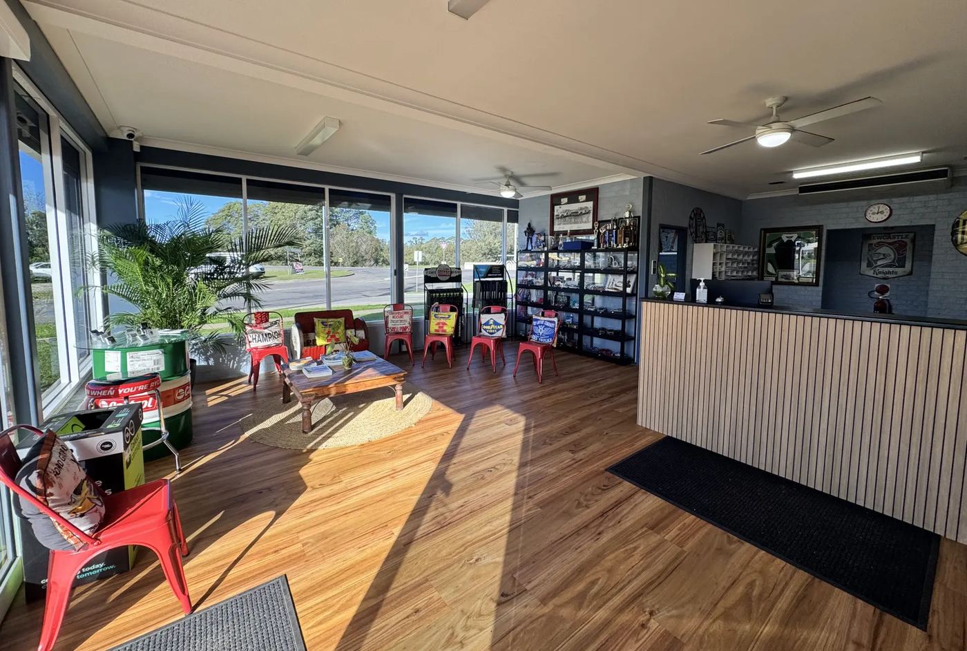 Customer waiting area and service counter inside the Tanilba Bay Automotive workshop