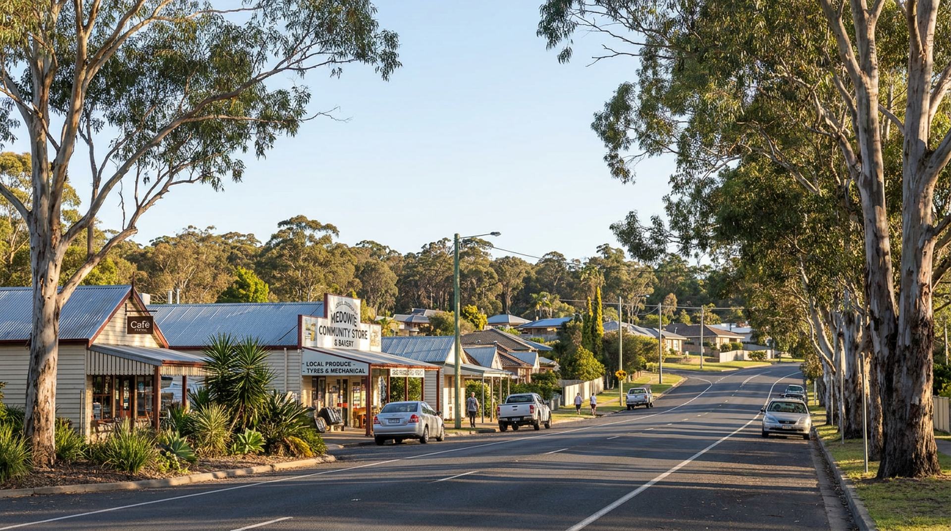 Medowie village main street with local shops, an area serviced by Tanilba Bay Automotive