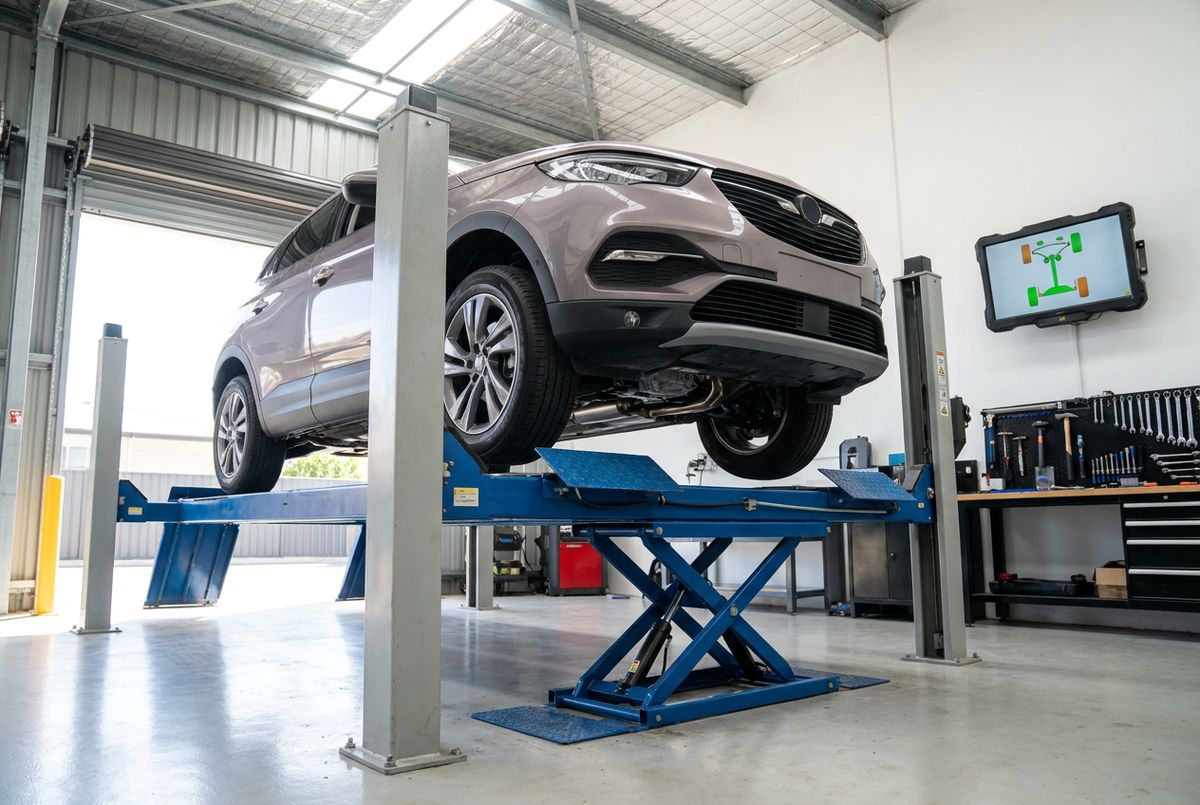 SUV raised on the four-post hoist for a safety and AUVIS inspection at Tanilba Bay Automotive