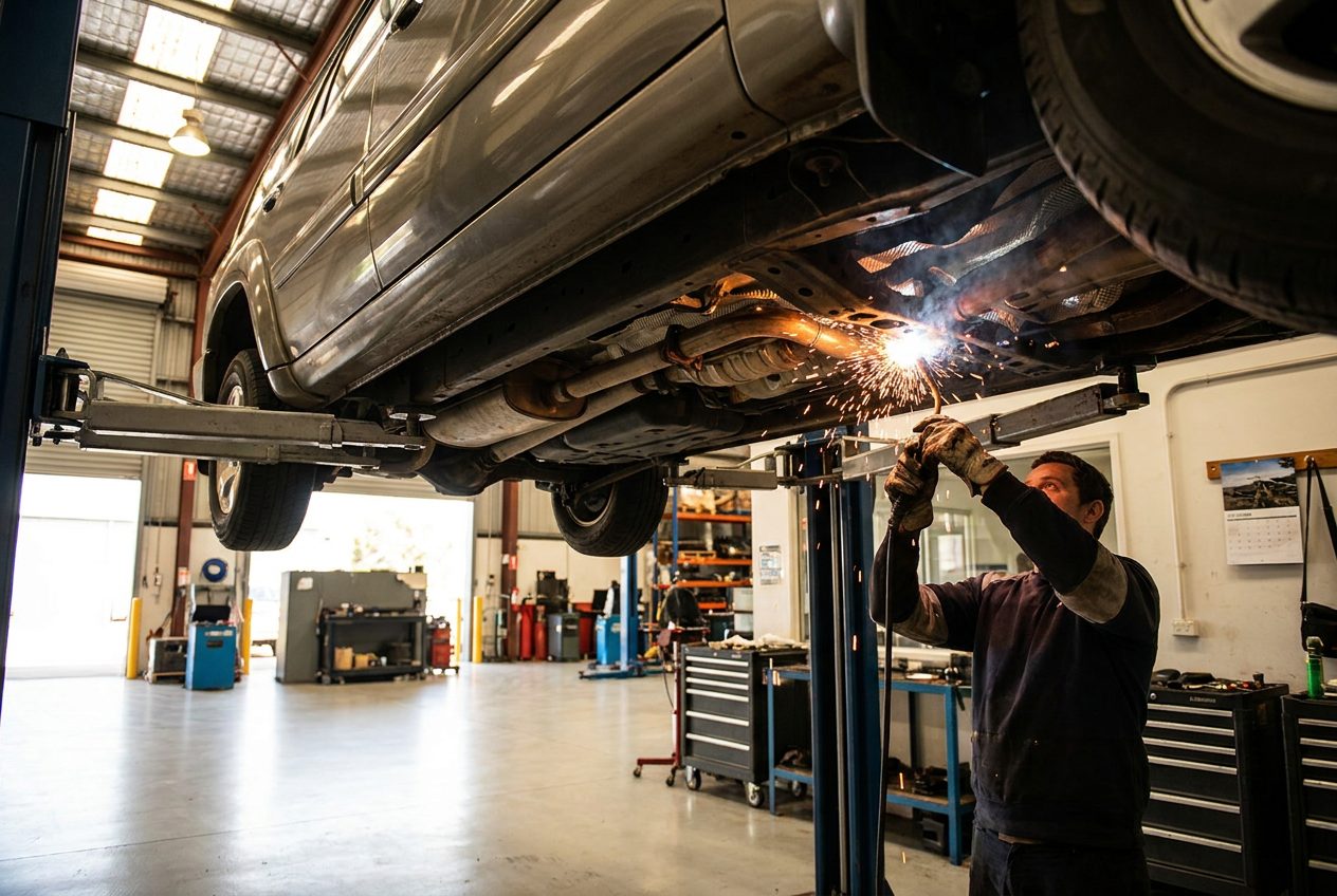 Mechanic welding an exhaust system under a vehicle on a hoist at Tanilba Bay Automotive