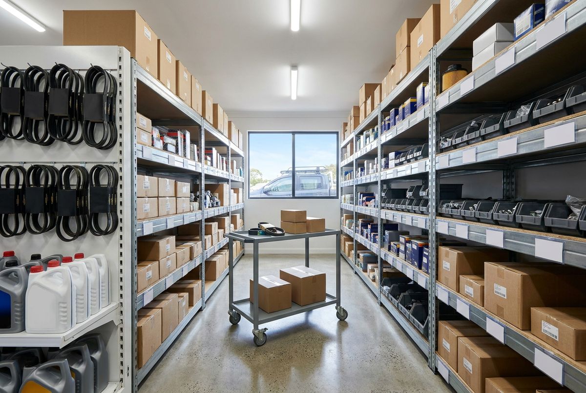 Spare parts store room stocked with filters, belts and oils at Tanilba Bay Automotive