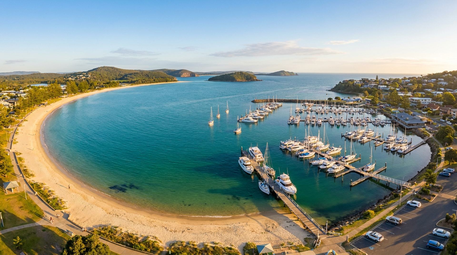 Aerial view of Nelson Bay marina and beach, serviced by Tanilba Bay Automotive
