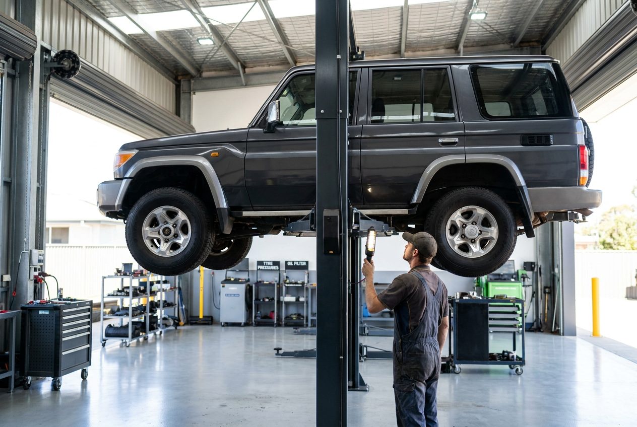 Mechanic inspecting a 4WD on a hoist for a rego check at Tanilba Bay Automotive