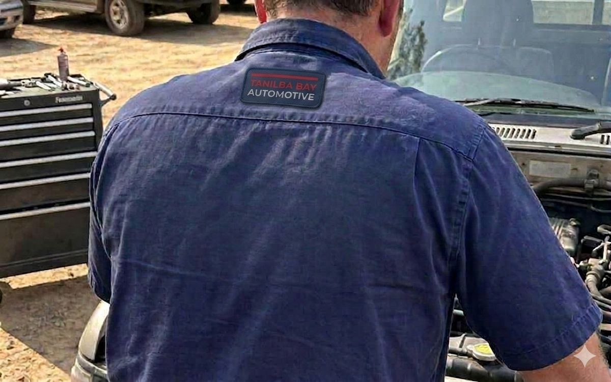 Tanilba Bay Automotive mechanic in a branded workshop shirt working under the bonnet of a 4WD